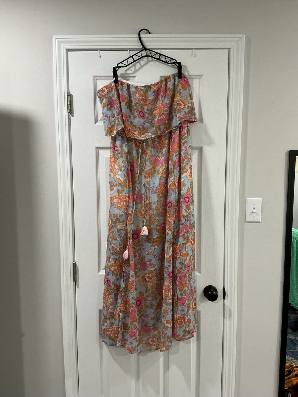 Off-Shoulder Floral Maxi Dress in Blue with Pink & Orange Accents